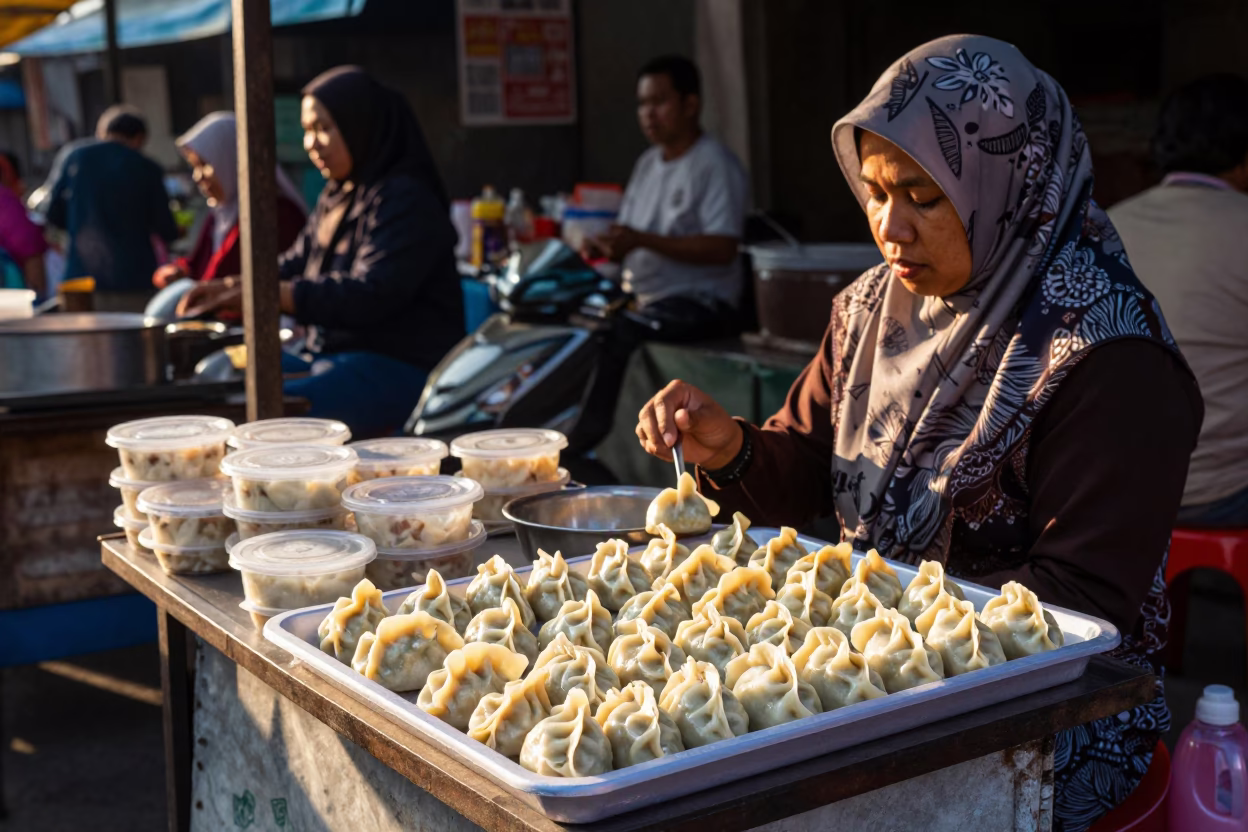 Selling Momos in Surabaya at Clear Late-afternoon Light in in Surabaya, Indonesia
