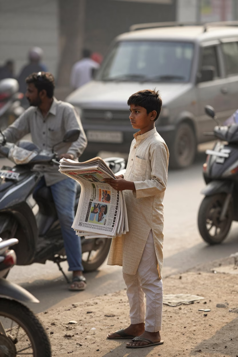 Selling Newspapers in Delhi at The Early Afternoon Light in in Delhi, India