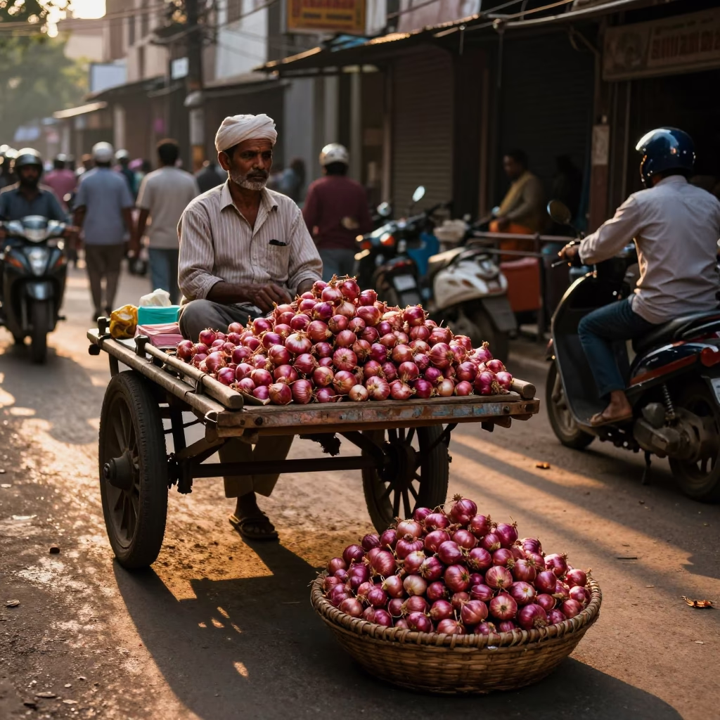 Selling Onions in Hyderabad at Honeyed Evening Light in in Hyderabad, India