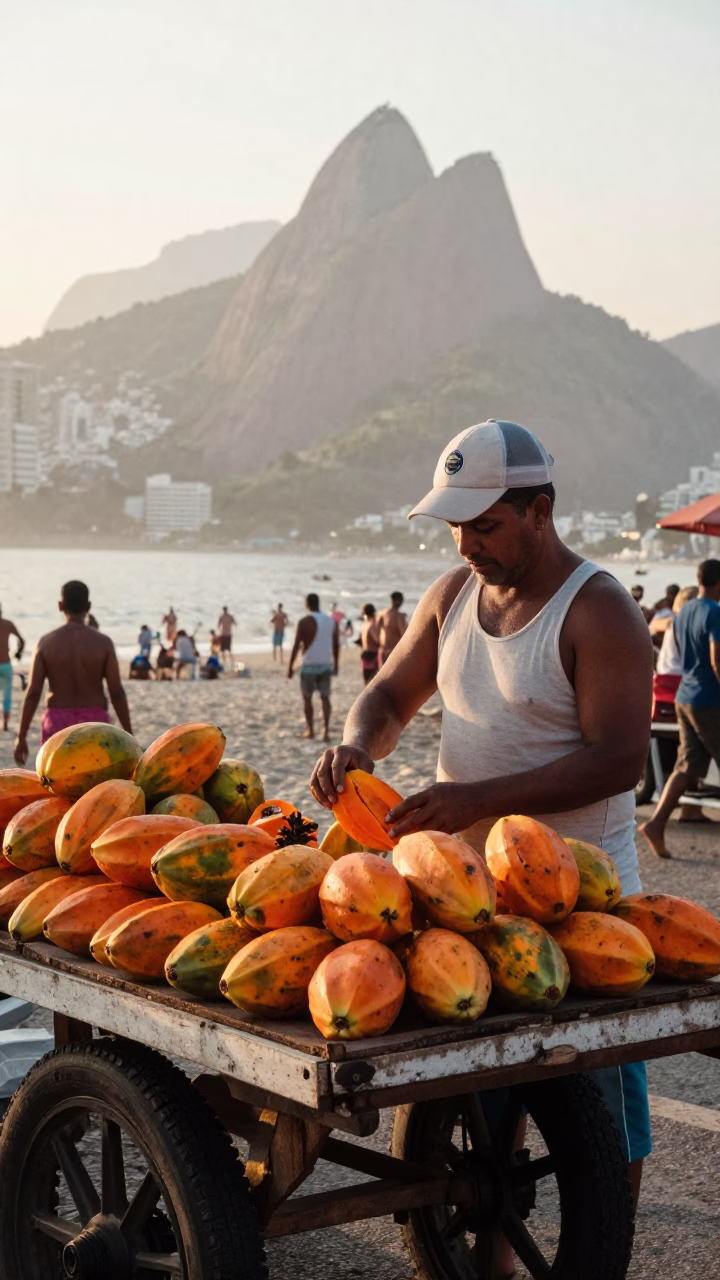 Selling Papayas just after sunrise in Rio De Janeiro in in Rio de Janeiro, Brazil