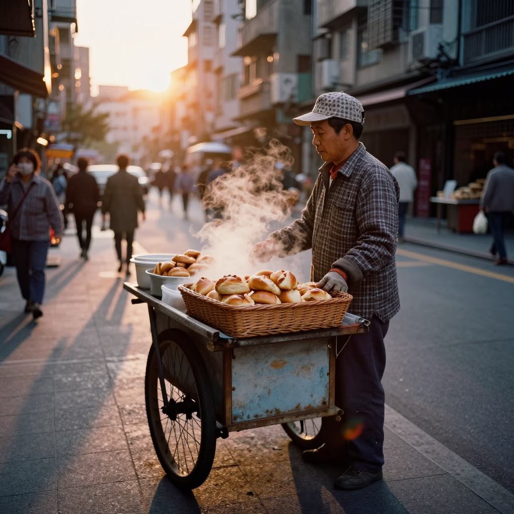 Selling Pastries at As The Sun Drops Toward The Horizon in Taipei in in Taipei, Taiwan