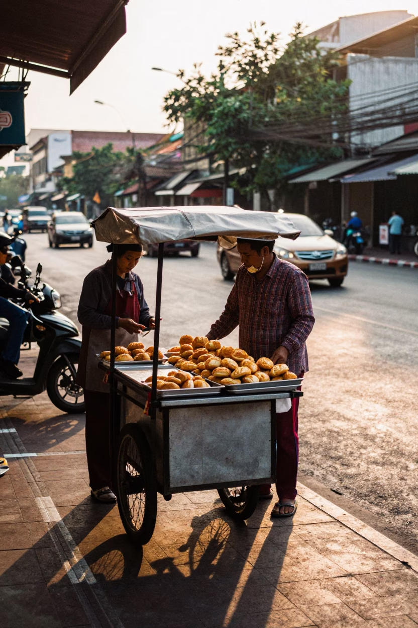 Selling Pastries in Bangkok at Sunset Light in in Bangkok, Thailand