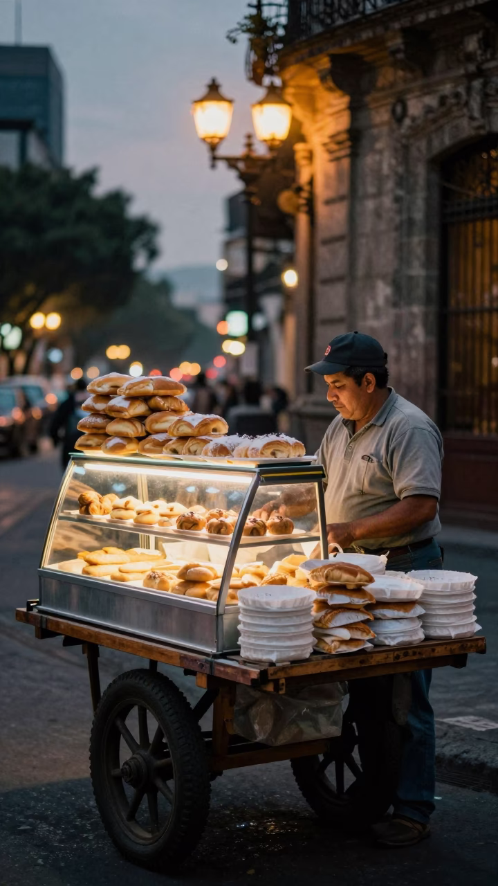 Selling Pastries in Mexico City at As City Lights Begin To Glow in in Mexico City, Mexico