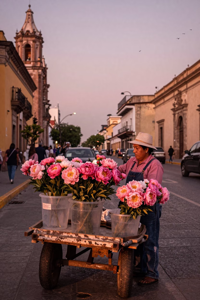 Selling Peonies in Mexico City at Copper-toned Light Before Dusk in in Mexico City, Mexico