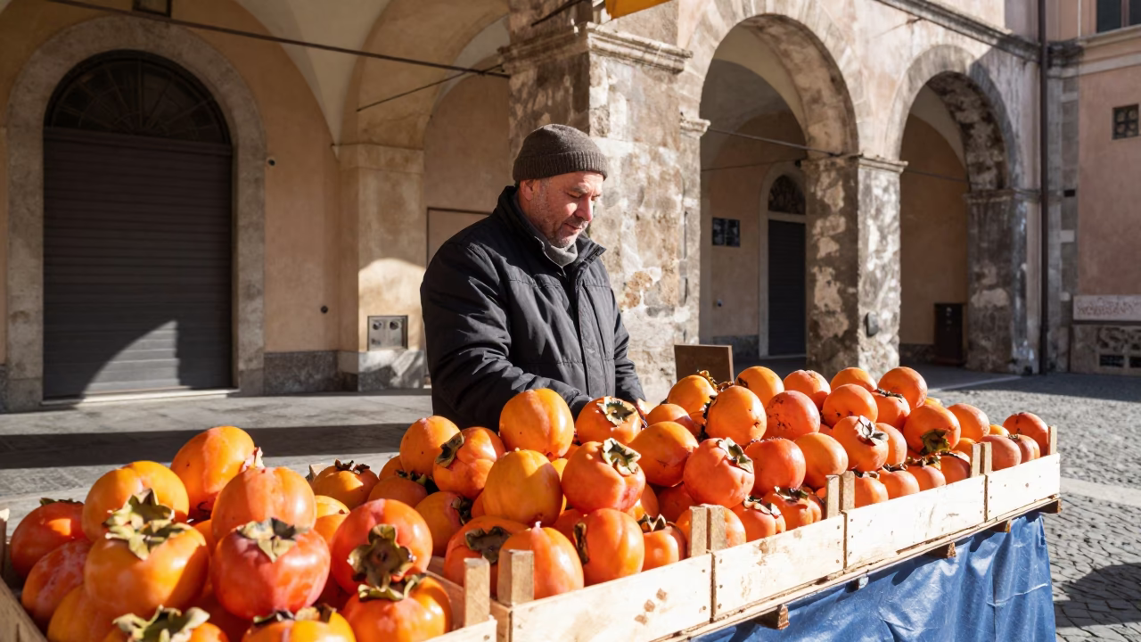 Selling Persimmons in Rome in in Rome, Italy