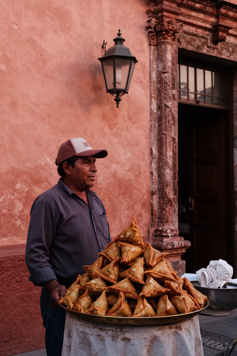 Selling Samosas in Oaxaca at Copper-toned Light Before Dusk in in Oaxaca, Mexico