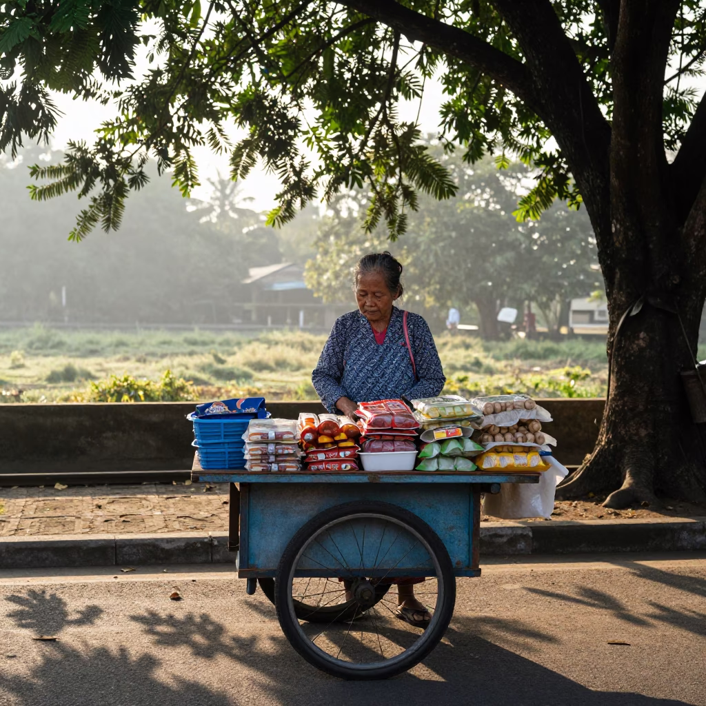 Selling Snacks in Yogyakarta at The Early Morning Light in in Yogyakarta, Indonesia