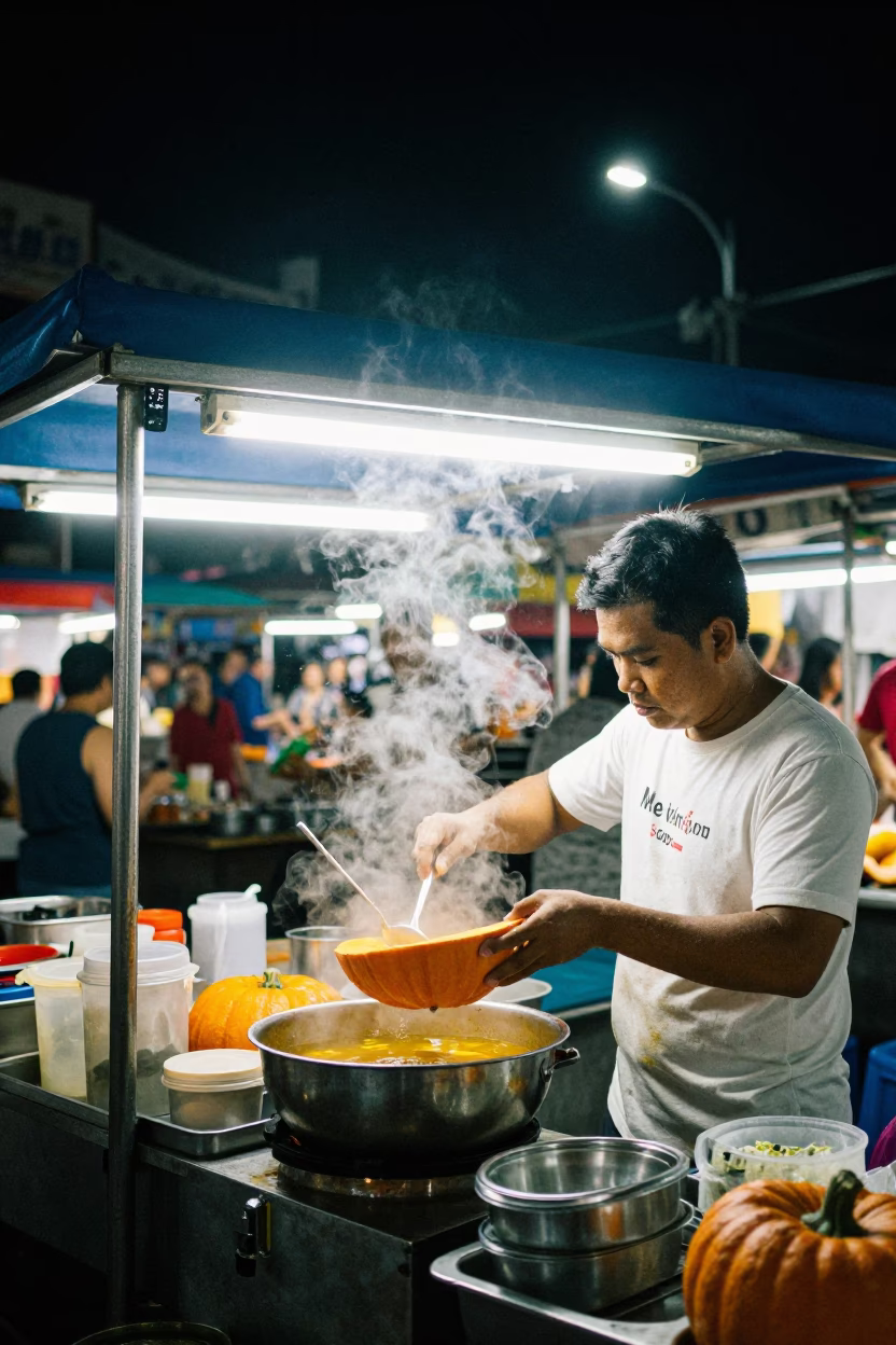 Selling Soup in Kuala Lumpur at The Deepest Night Sky Light in in Kuala Lumpur, Malaysia