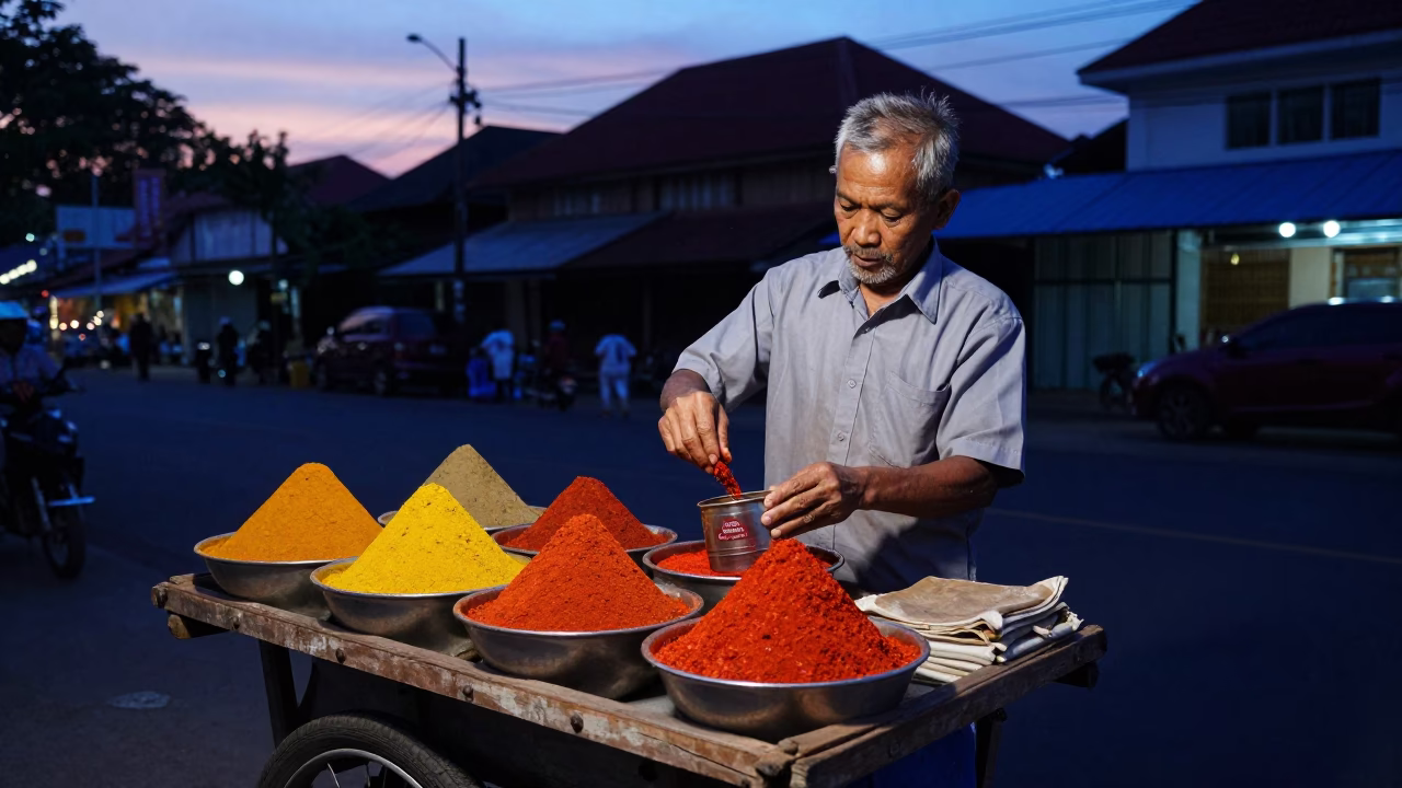 Selling Spices at Indigo Twilight After Sunset in Yogyakarta in in Yogyakarta, Indonesia