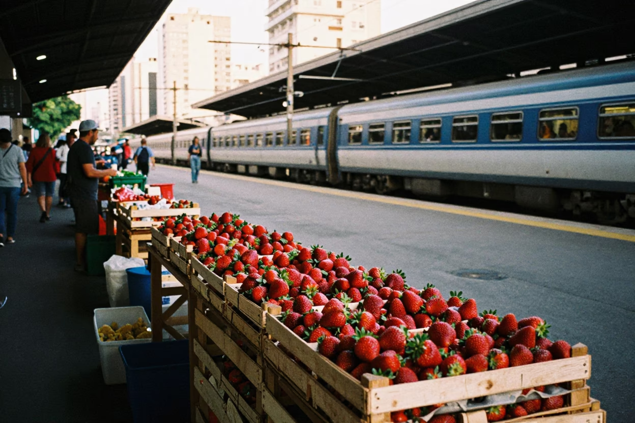 Selling Strawberries in São Paulo at The Early Evening Light in in São Paulo, Brazil