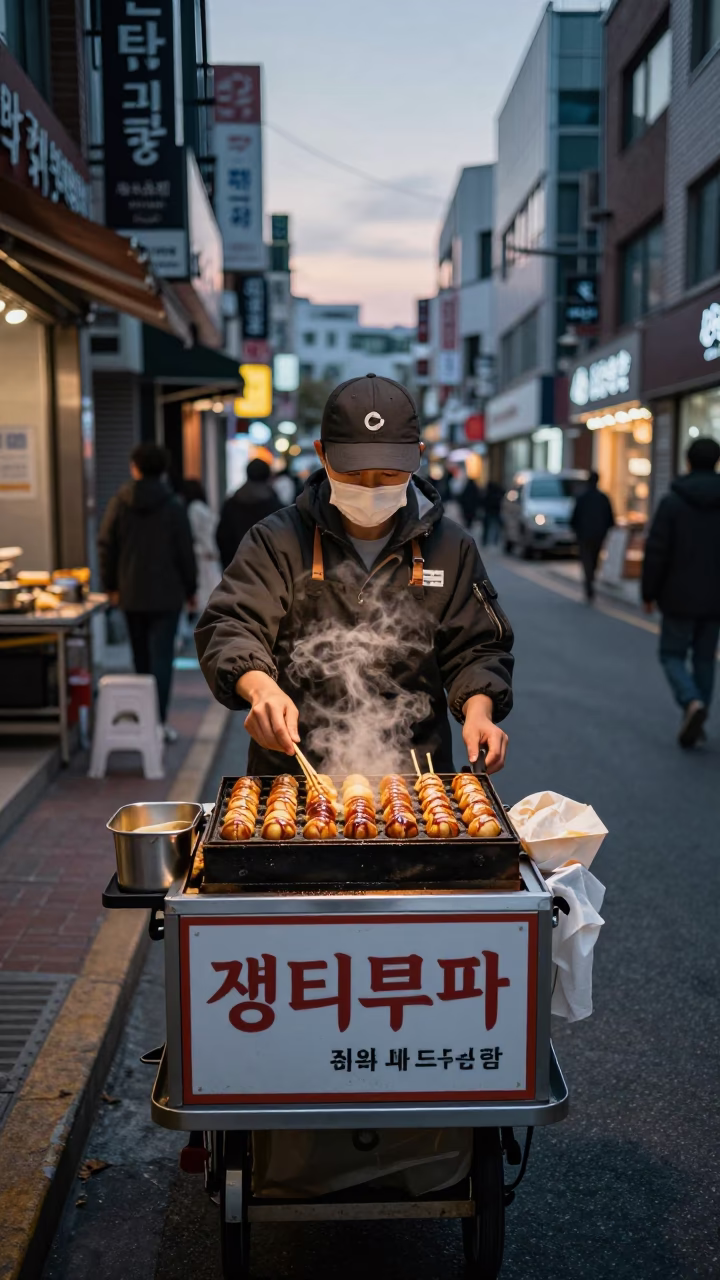 Selling Takoyaki in Seoul at Copper-toned Light Before Dusk in in Seoul, South Korea