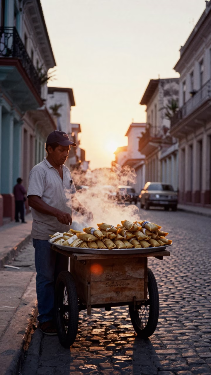Selling Tamales at As The Sun Drops Toward The Horizon in Havana in in Havana, Cuba