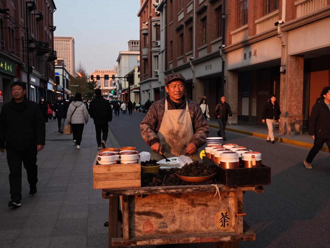 Selling Tea in Shanghai at Copper-toned Light Before Dusk in in Shanghai, China