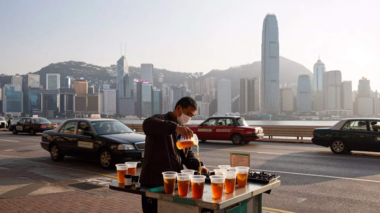 Selling Tea just after sunrise in Hong Kong in in Hong Kong, Hong Kong