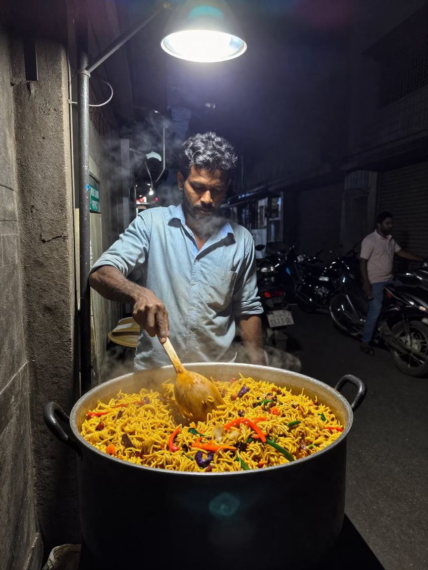 Selling Thieboudienne in Mumbai at Deep In The Night Light in in Mumbai, India