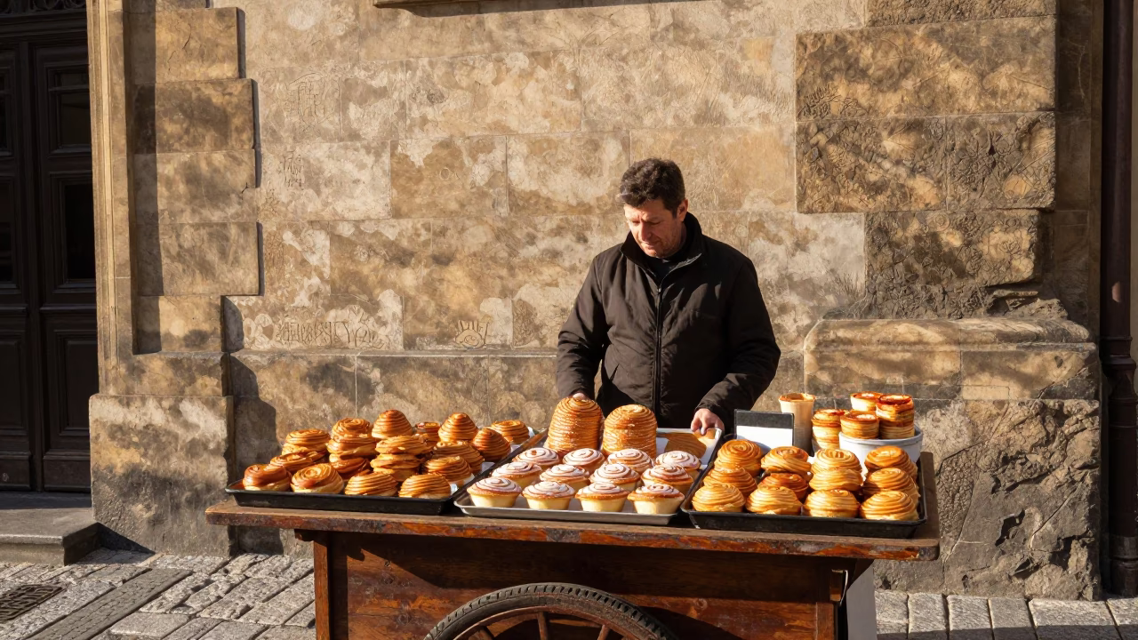 Selling Trdelník in Prague in in Prague, Czech Republic