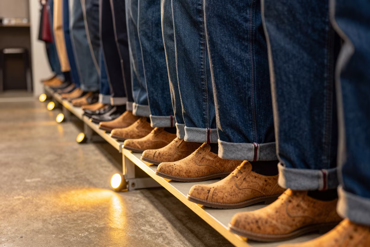 Selvedge Denim and Cedar Shoe Trees Backstage in in a backstage changing corridor in Fremantle