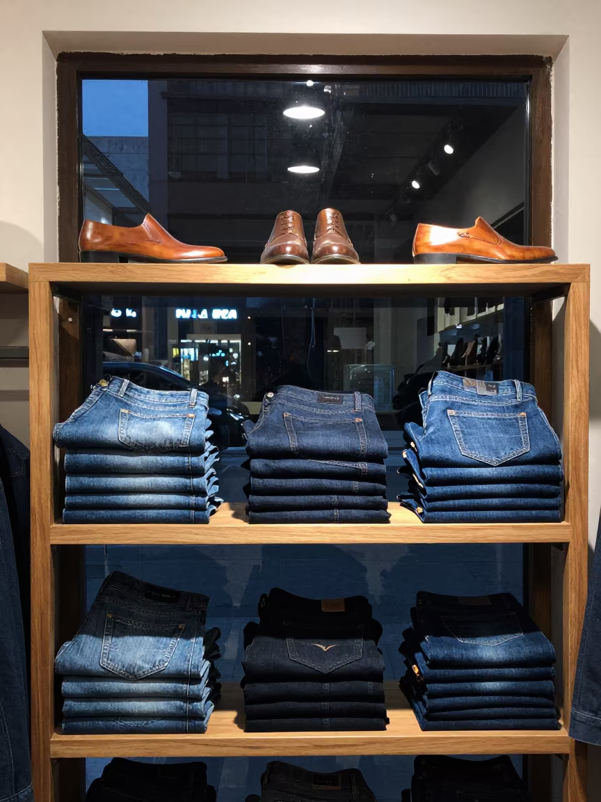 Selvedge Denim and Cedar Trees in Egyptian Atelier in inside a couture atelier in El Mahalla El Kubra