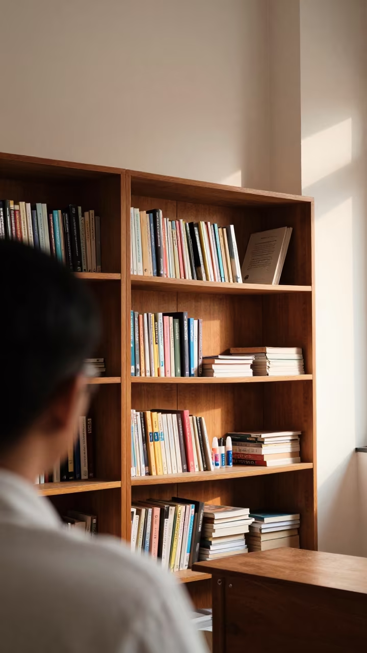 Semarang Classroom Bookshelf Before Students Arrive in in a lecture hall before the crowd arrives near Semarang