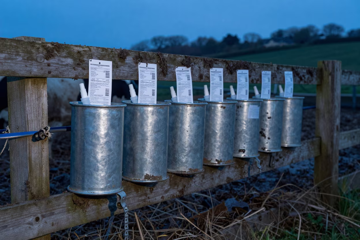 Semen Tank Plug Cup on Muddy Fence in Cornwall in along a muddy paddock fence in Cornwall