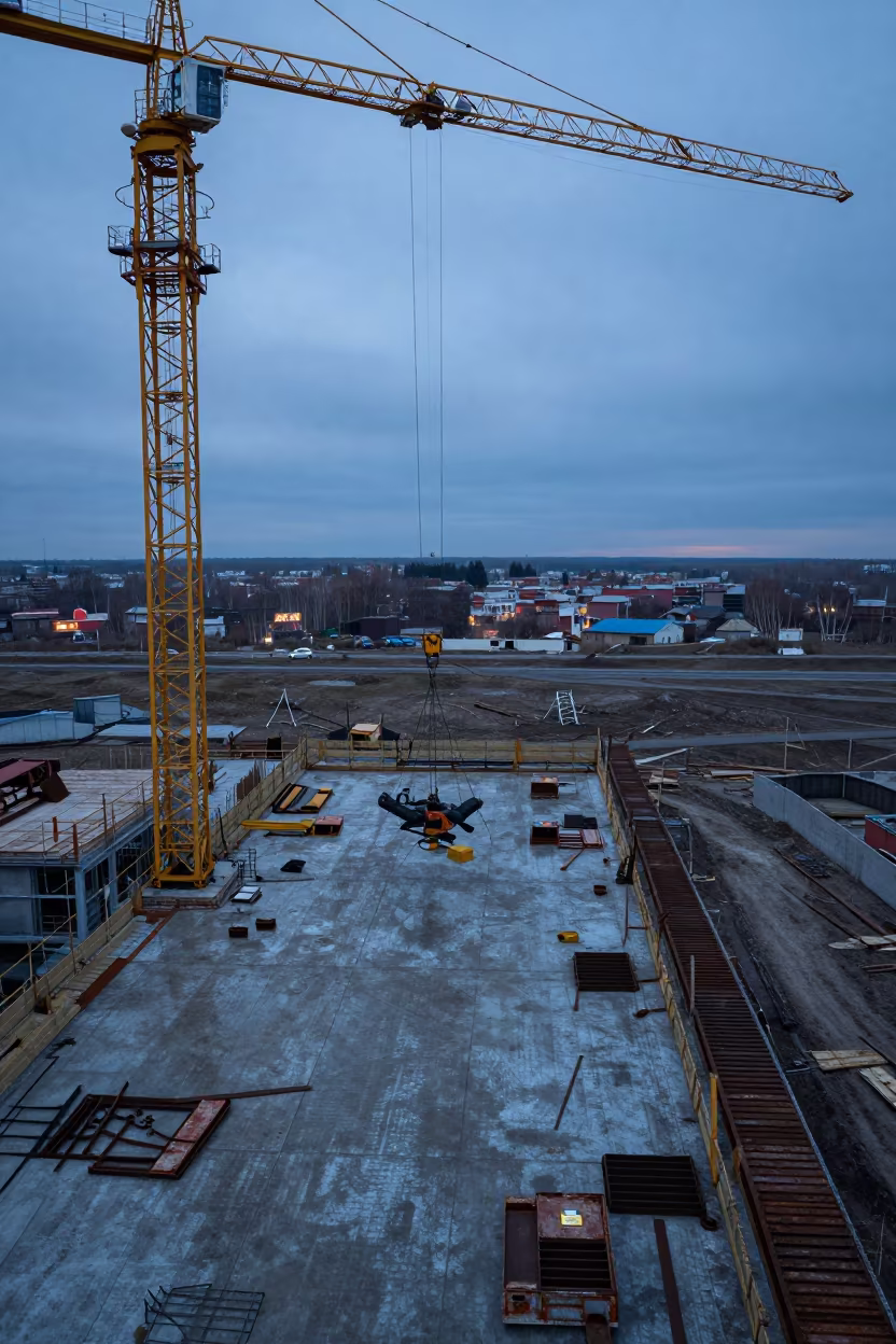Semey Construction Deck Under Blue Evening Light in on an active construction deck in Semey