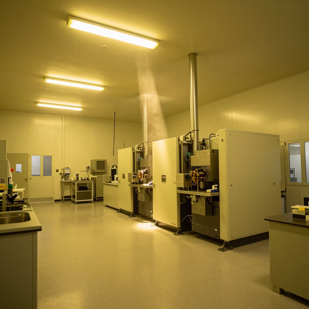 Semiconductor Fab Clean Room Yellow Light in in a bright laboratory near Swansea