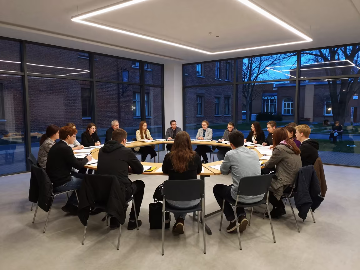 Seminar Circle Under Cold Lights Sofia in at a seminar table covered in notes near Sofia