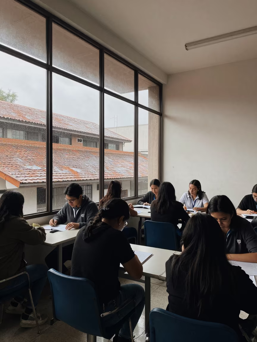 Seminar in Glass Room Over Wet Brick Roofs in in a school laboratory in Monterrey