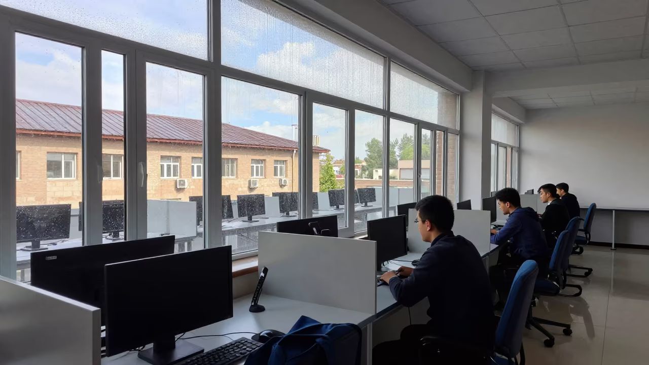 Seminar in Glass Room Overlooking Wet Brick Roofs in in a computer lab before lessons in Ashgabat