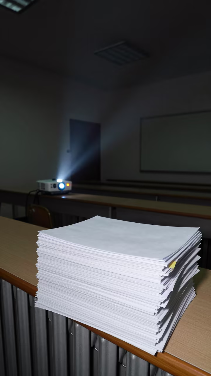 Seminar packets on radiator in Tokyo lecture hall in in a lecture hall before the crowd arrives near Tokyo