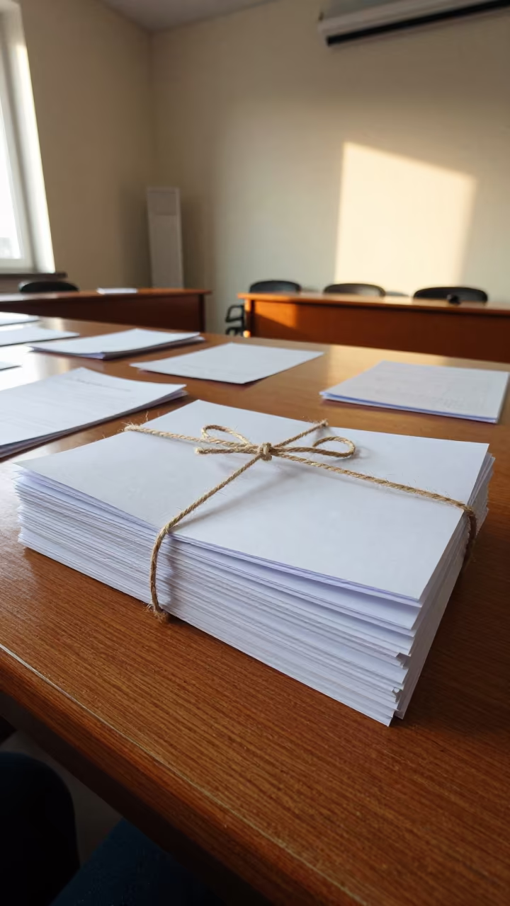 Seminar Packets Stack Twine Istanbul Room in at a seminar table covered in notes in Istanbul