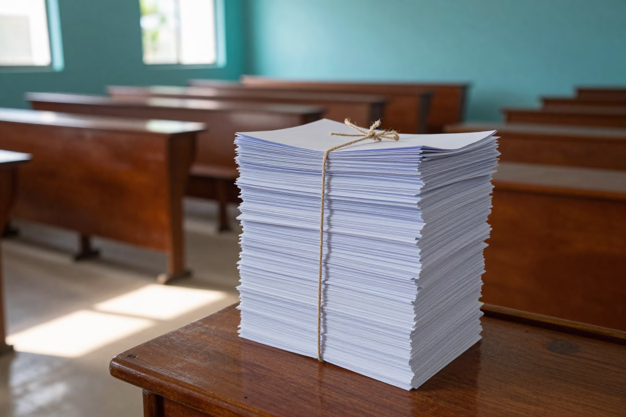 Seminar Packets Stacked Outside Lecture Hall in in a lecture hall before the crowd arrives in Pemba