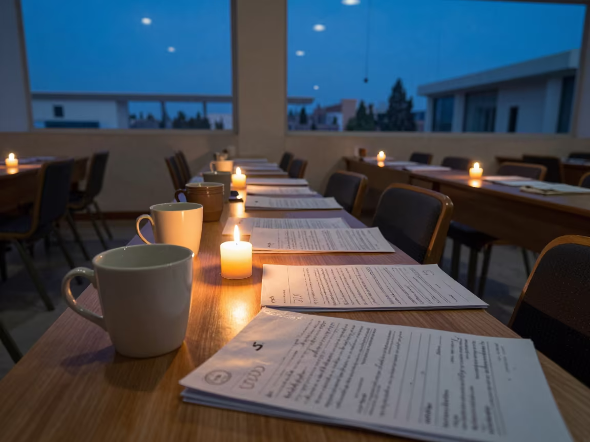 University Seminar Room Mismatched Mugs Annotated Packets in in a lecture hall before the crowd arrives in Kuwait City