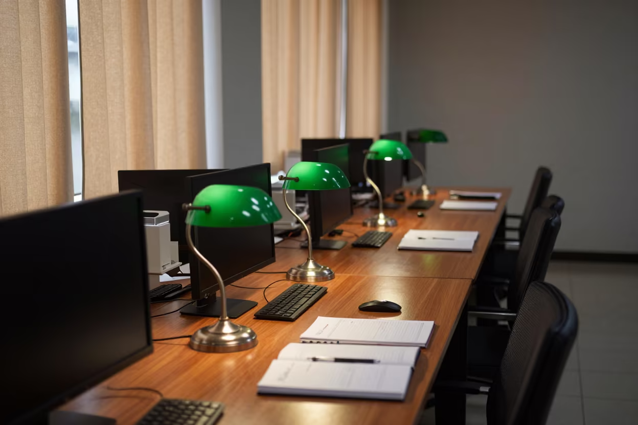 Seminar Table Under Green Lamps in Monsoon Lab in in a computer lab before lessons near Minatitlán