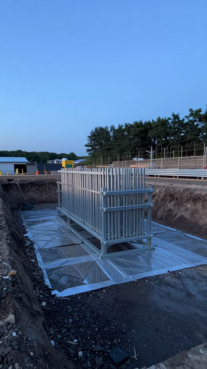 Sendai Construction Site Grade Check Rods in inside a taped-off excavation edge near Sendai