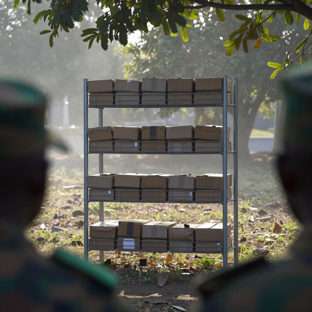 Senegal Mail Hold Shelf in Dappled Light in on a parade ground in Senegal