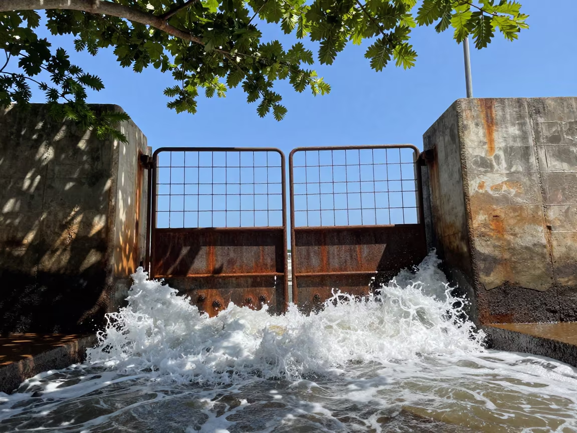 Senegal Sea Wall Gate Amidst Waves in along a dam spillway in Senegal