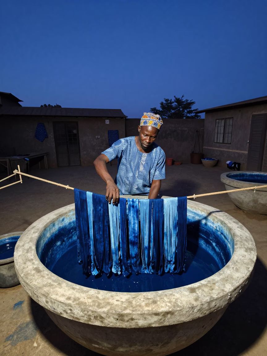 Senegalese Artisan Dyeing Indigo Fabric in Dakar Twilight Workshop in in Dakar, Senegal