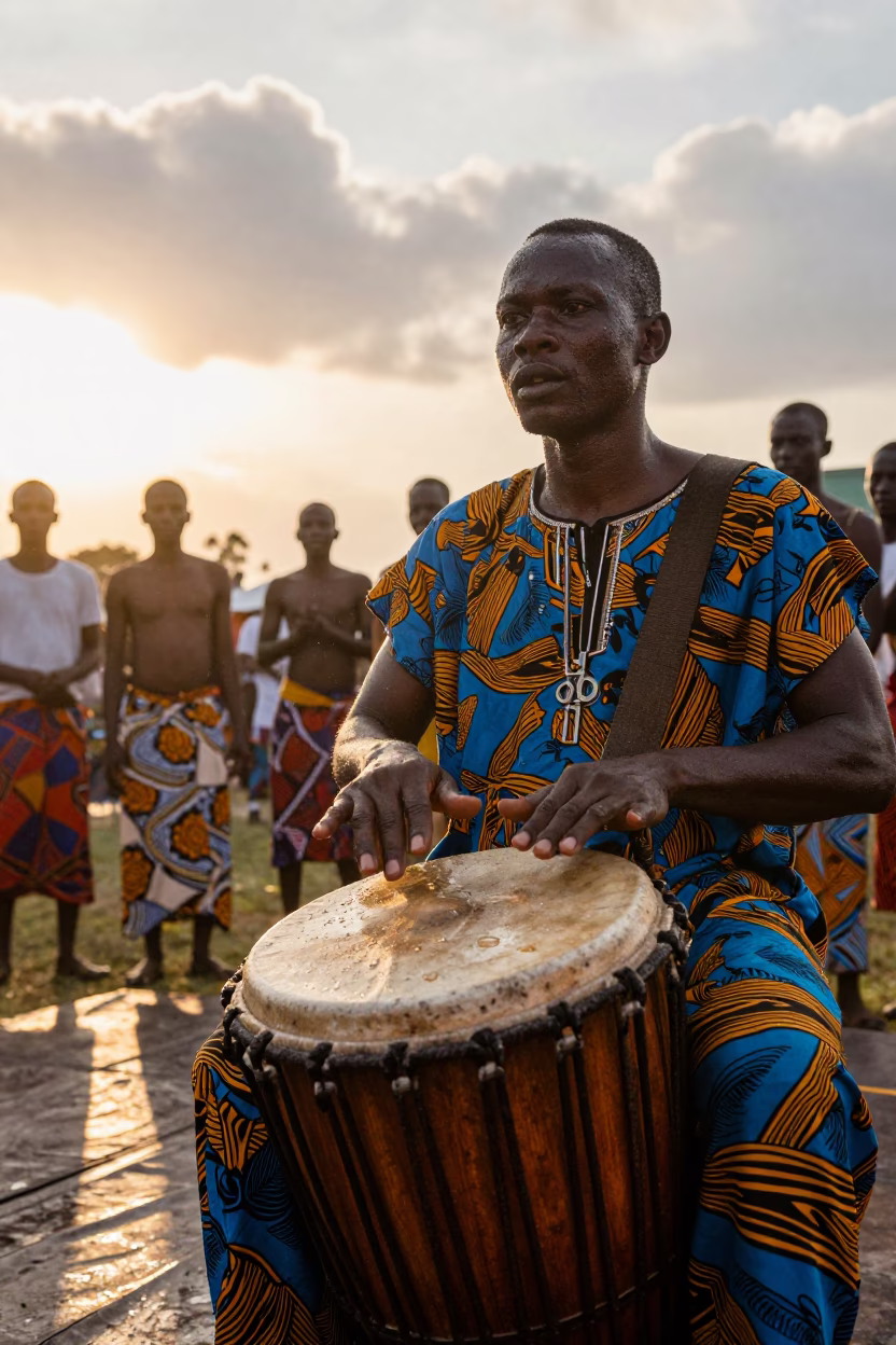 Senegalese Drummer Leads Dance Circle at Umuahia Festival in on a festival main stage in Umuahia