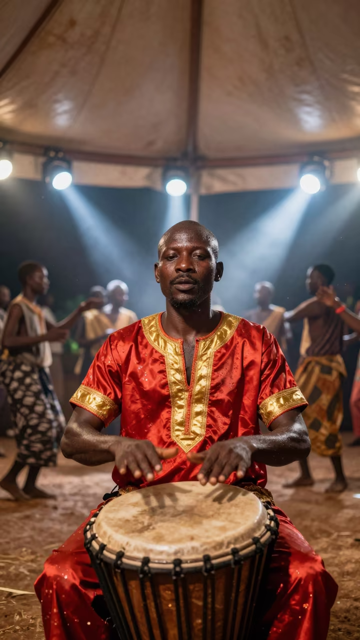 Senegalese Drummer Dancing Under Circus Tent in under a circus tent in Kunming