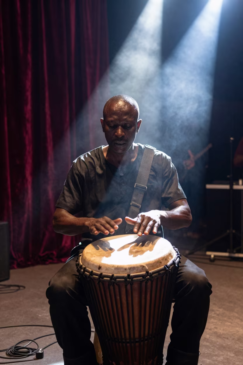 Senegalese Drummer Before Dawn in Taxco Hall in in a concert hall in Taxco