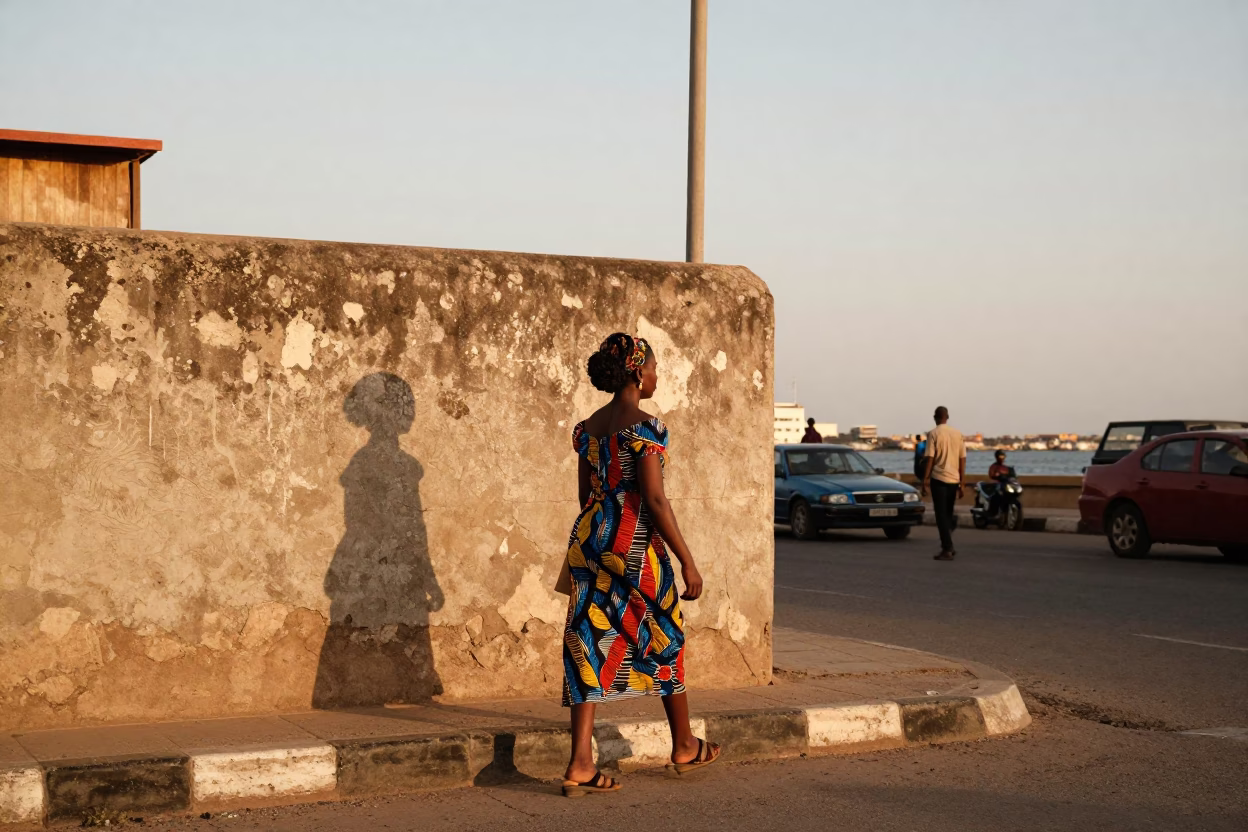 Senegalese Evening Street Scene in Dakar With Blue Hour Sky and Harbor Breakwater in in Dakar, Senegal
