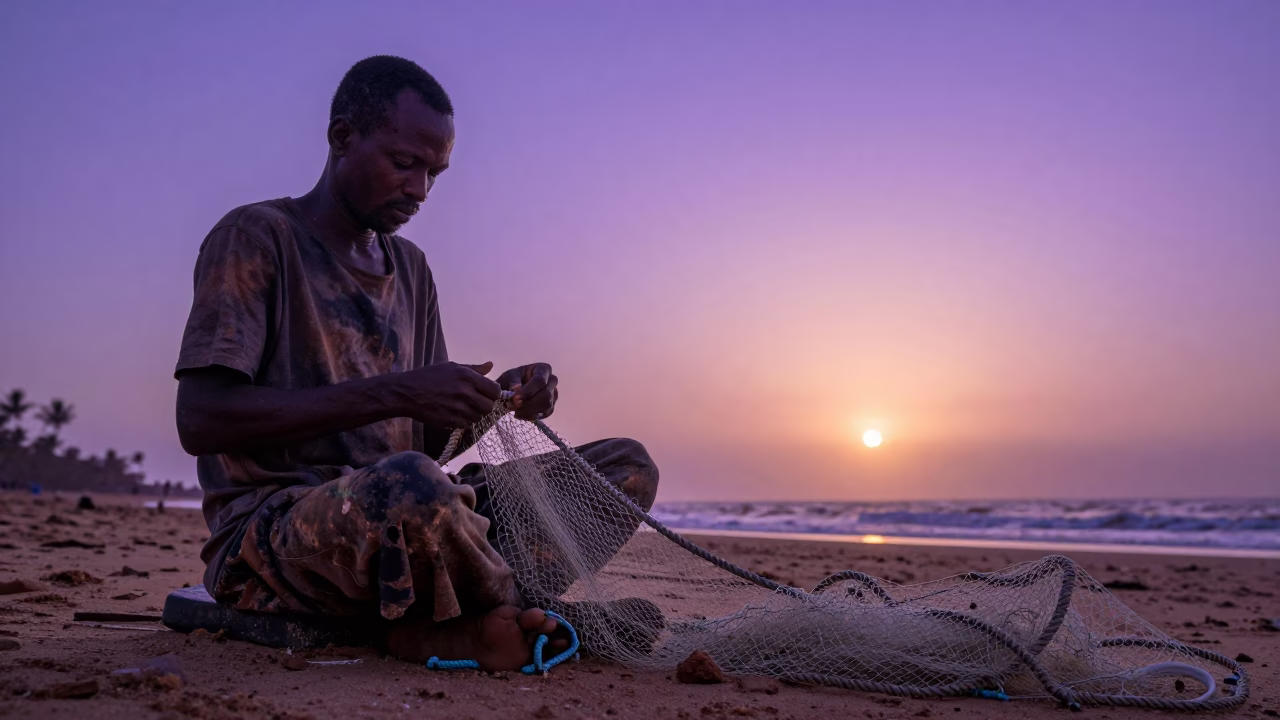 Senegalese Fisherman Mending Nets on Dakar Beach at Sunset in in Dakar, Senegal