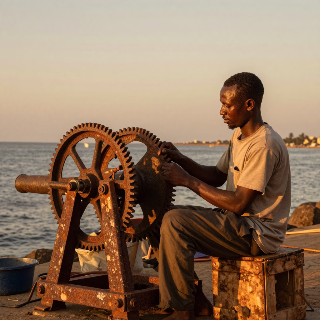 Senegalese Fisherman Repairing Hydrophone Winch in Golden Dusk Harbor Light in in Dakar, Senegal