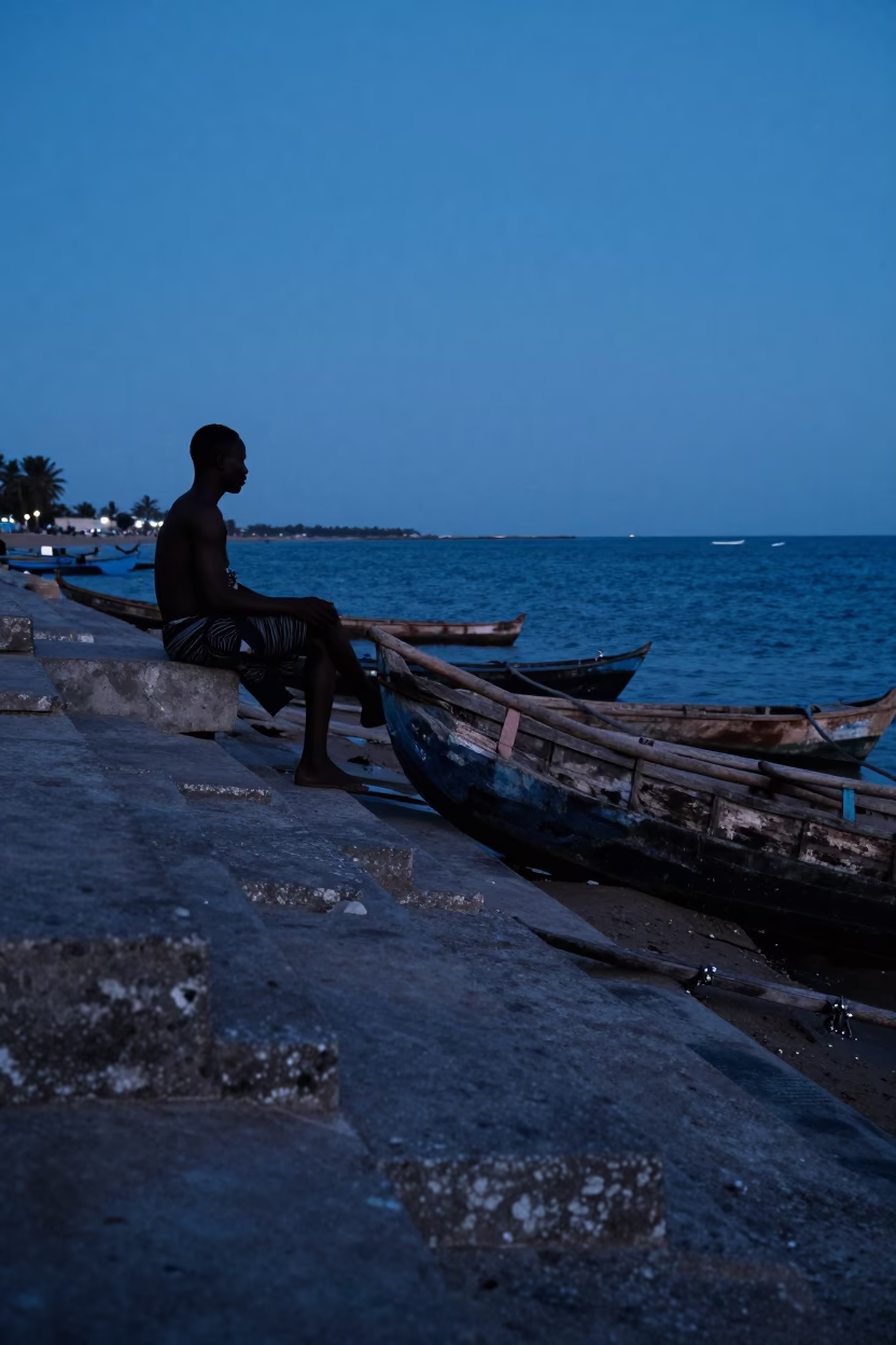Senegalese Fisherman Resting on Concrete Steps Near Wooden Pirogues in Dakar Twilight in in Dakar, Senegal