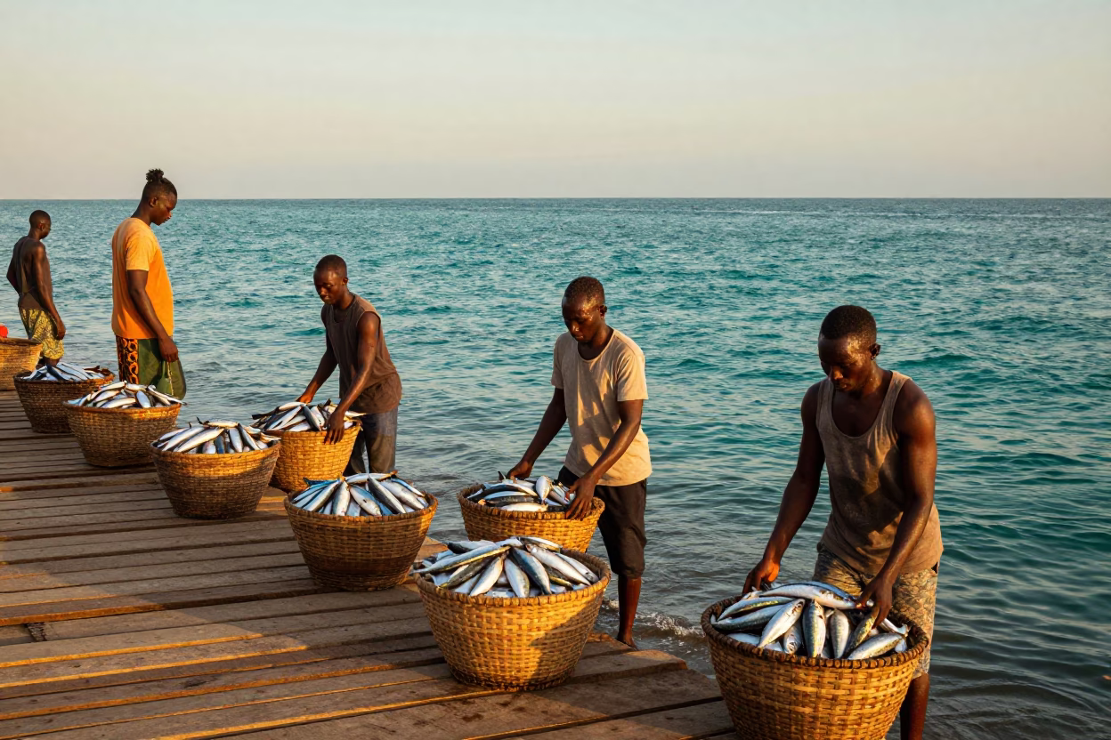 Senegalese Fishermen Unloading Catch at Dakar Harbor in Honeyed Evening Light in in Dakar, Senegal
