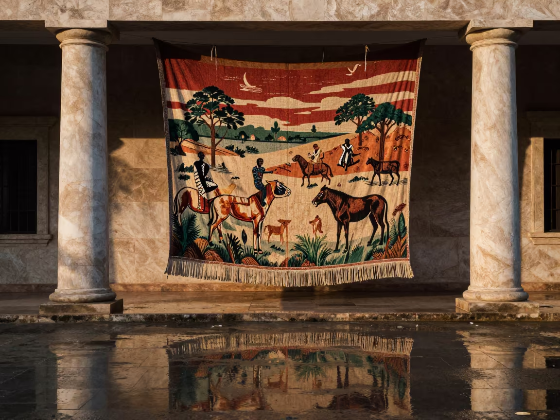Senegalese Hunting Tapestry on Colonnade in along a colonnaded facade in Senegal