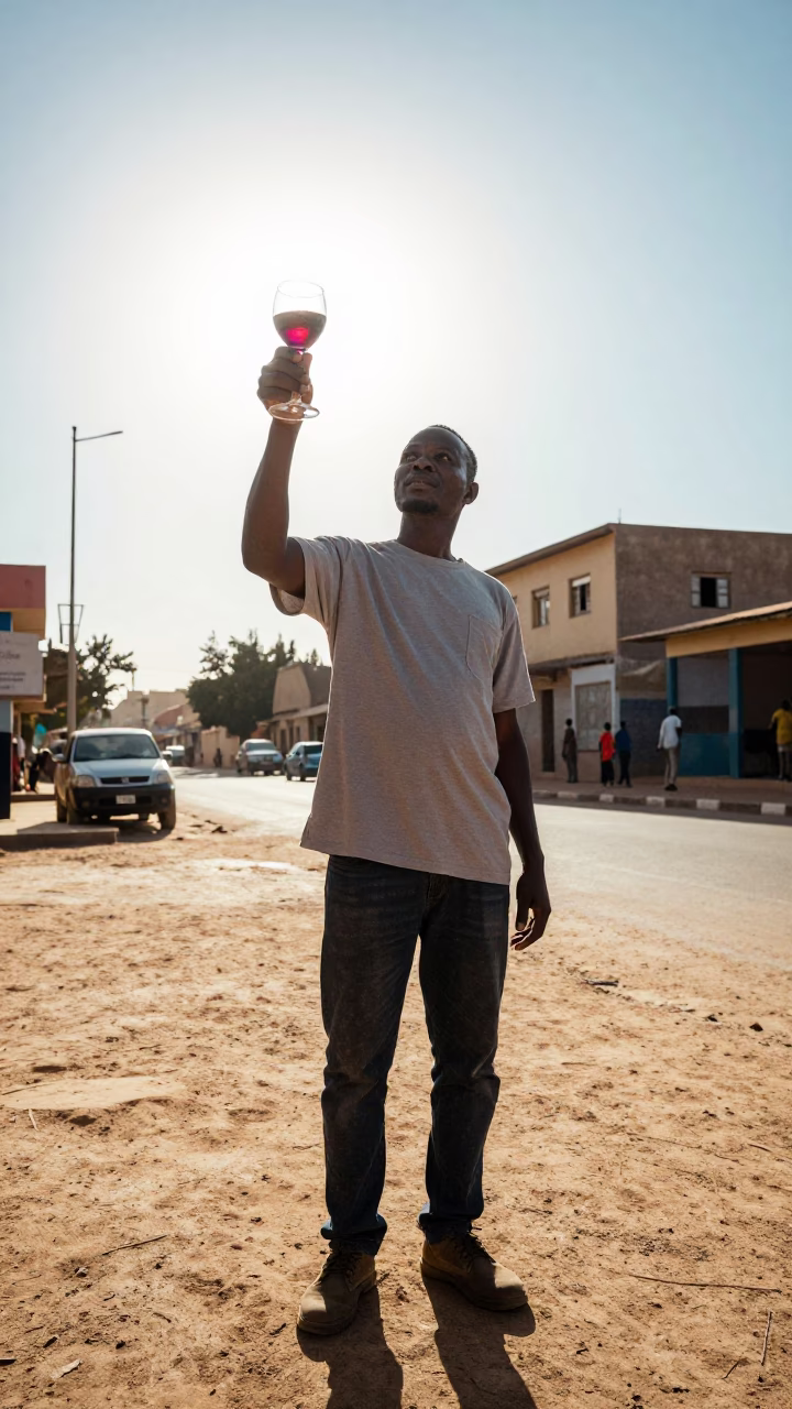 Senegalese Man Holding Glass of Red Wine Against Dakar Sunset Sky in in Dakar, Senegal