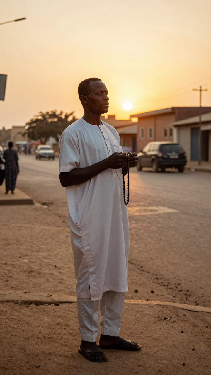 Senegalese Man Holding Prayer Beads in Dakar During Golden Hour Sunset in in Dakar, Senegal