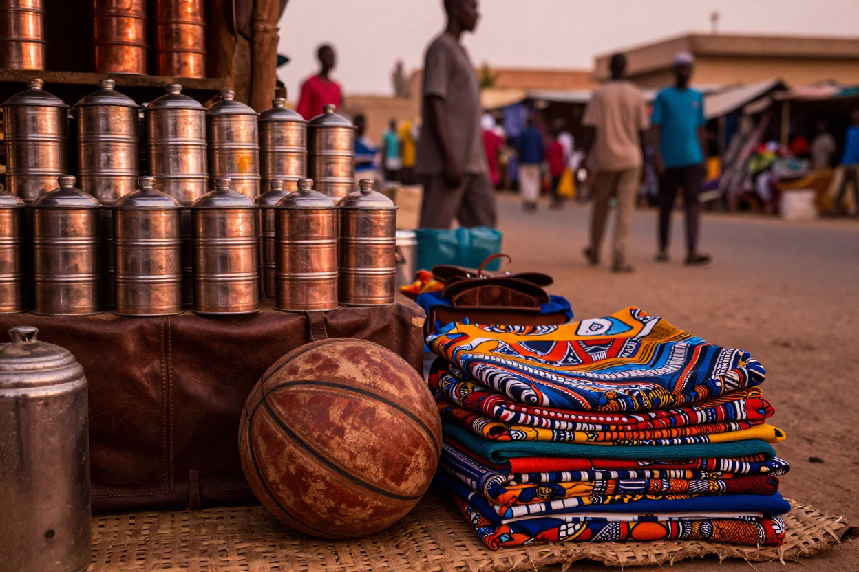 Senegalese Market Stall with Tea Tin and Leather Basketball in Dakar Before Dusk in in Dakar, Senegal